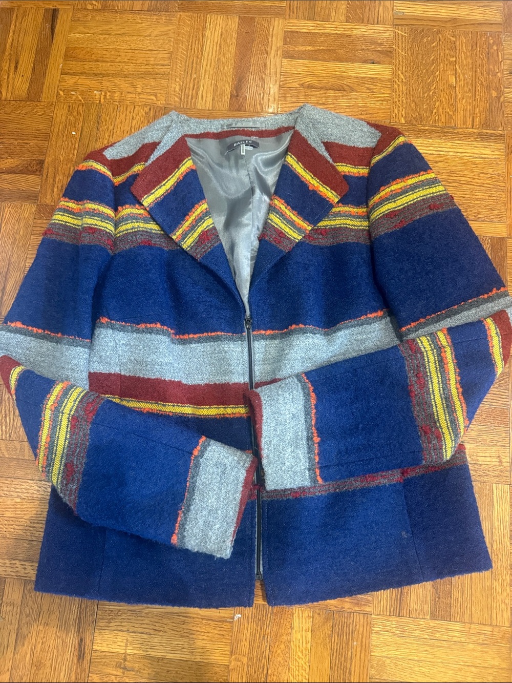 Basler Navy, Gray & Burgundy Striped Zip Blazer wool blend